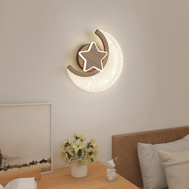 Applique Murale Enfant Lune Étoilée Noyer / Lumière froide